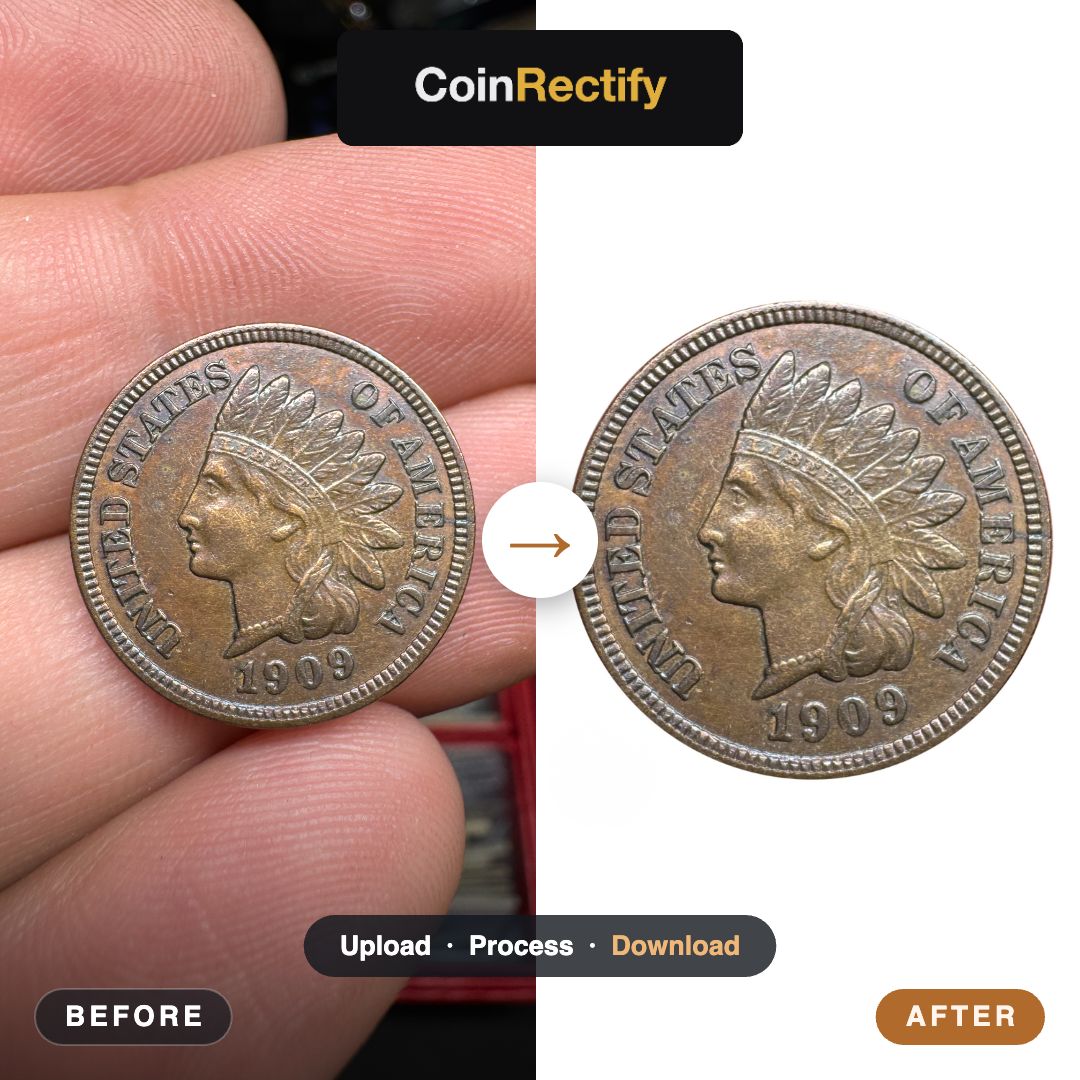 A coin photo before and after Coin Rectify: a messy hand-held shot cleaned to a crisp white-background cut-out.